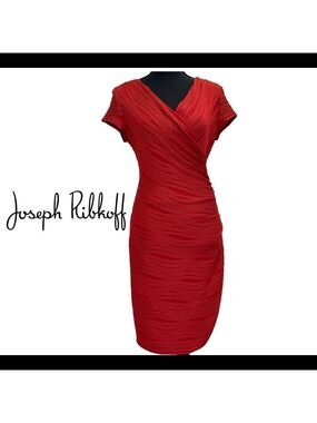 𝅺JOSEPH Ribkoff red fitted bodycon dress formal evening cocktail short sleeve 8